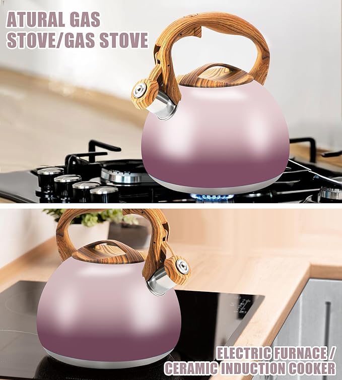 Foedo Tea Kettle for Stove Top, 3.2QT Whistling Tea Pots with Wood Parttern Handle, Stainless Steel Teapot for Home and Kitchen (Purple Gradient)