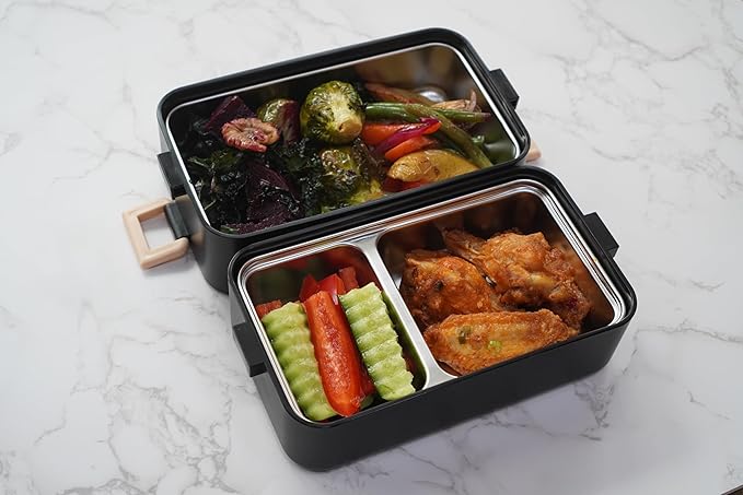gimmiebox premium stainless steel bento box lunch box with compartments for adults, spoon and fork, leak-proof, easy side locks (White)