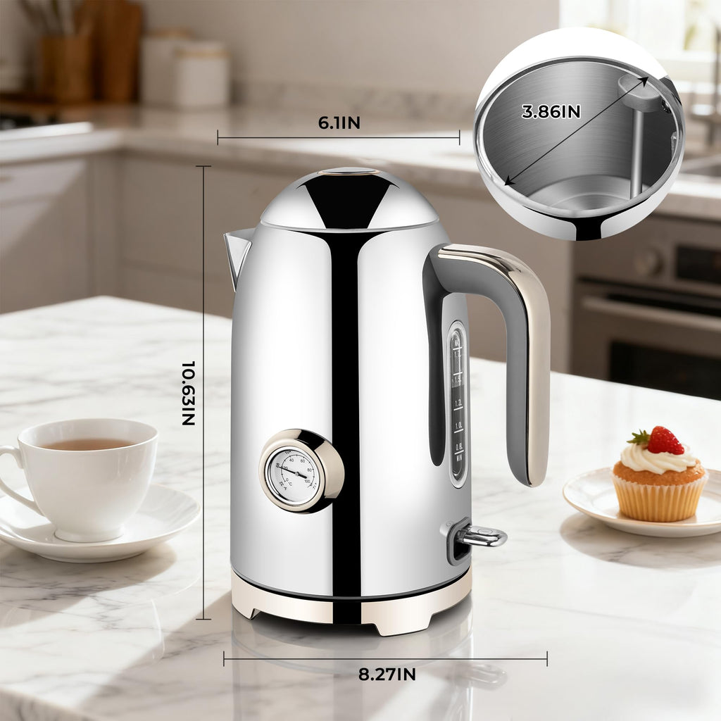 SUSTEAS 57oz Electric Kettle with Thermometer, Hot Water Pot, Glossy Silver