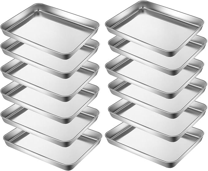 HYTK Little Serving Trays Stainless Steel 304 in Bulk Small Cookie Baking Sheet Pans 10.4 x8.1 x1.1Inch (Diagonal 12.3) Reheat Food Small Items No Rust Dishwasher Safe Bakeware for 2 Person 12 Pack