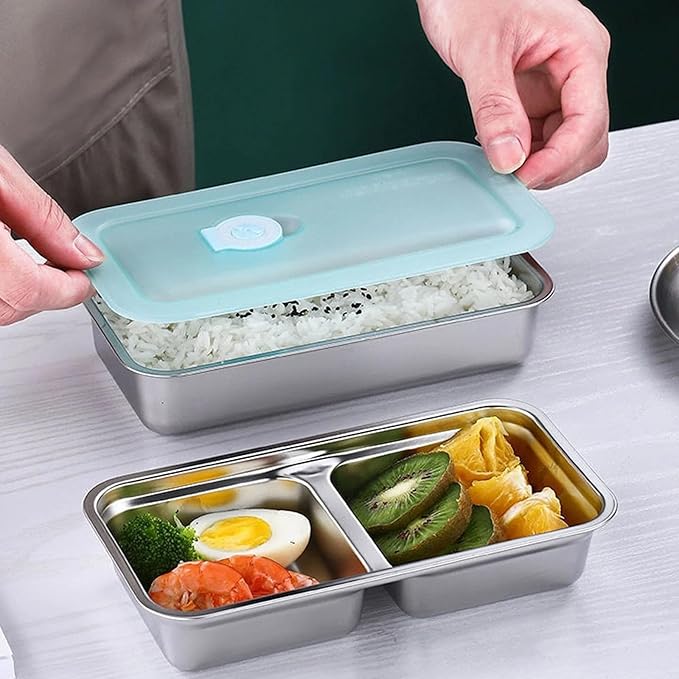 herrydale Stainless Steel Lunch Box for Kids – 2 Compartment Leakproof Snack Container with Lids, Reusable Bento Food Storage for School, Travel & Meal Prep (4-Pack)