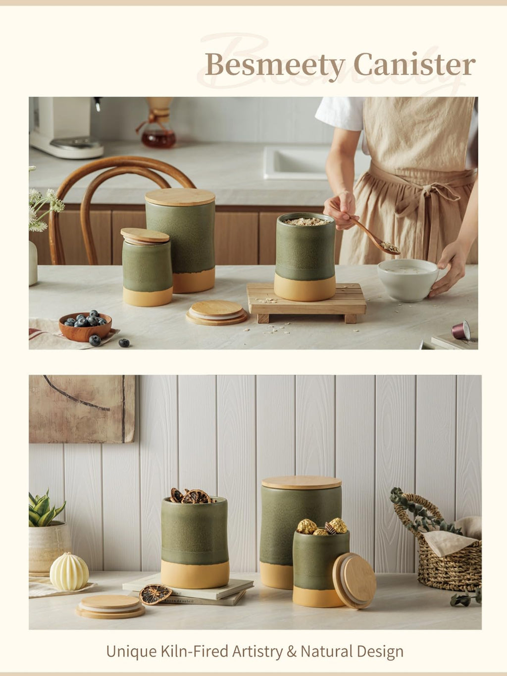 Besmeety Canisters Sets for the Kitchen, 23 oz x 40 oz Flour Sugar Storage Containers, Ceramic Kitchen Canisters for Countertop Set of 2 with Airtight Lids