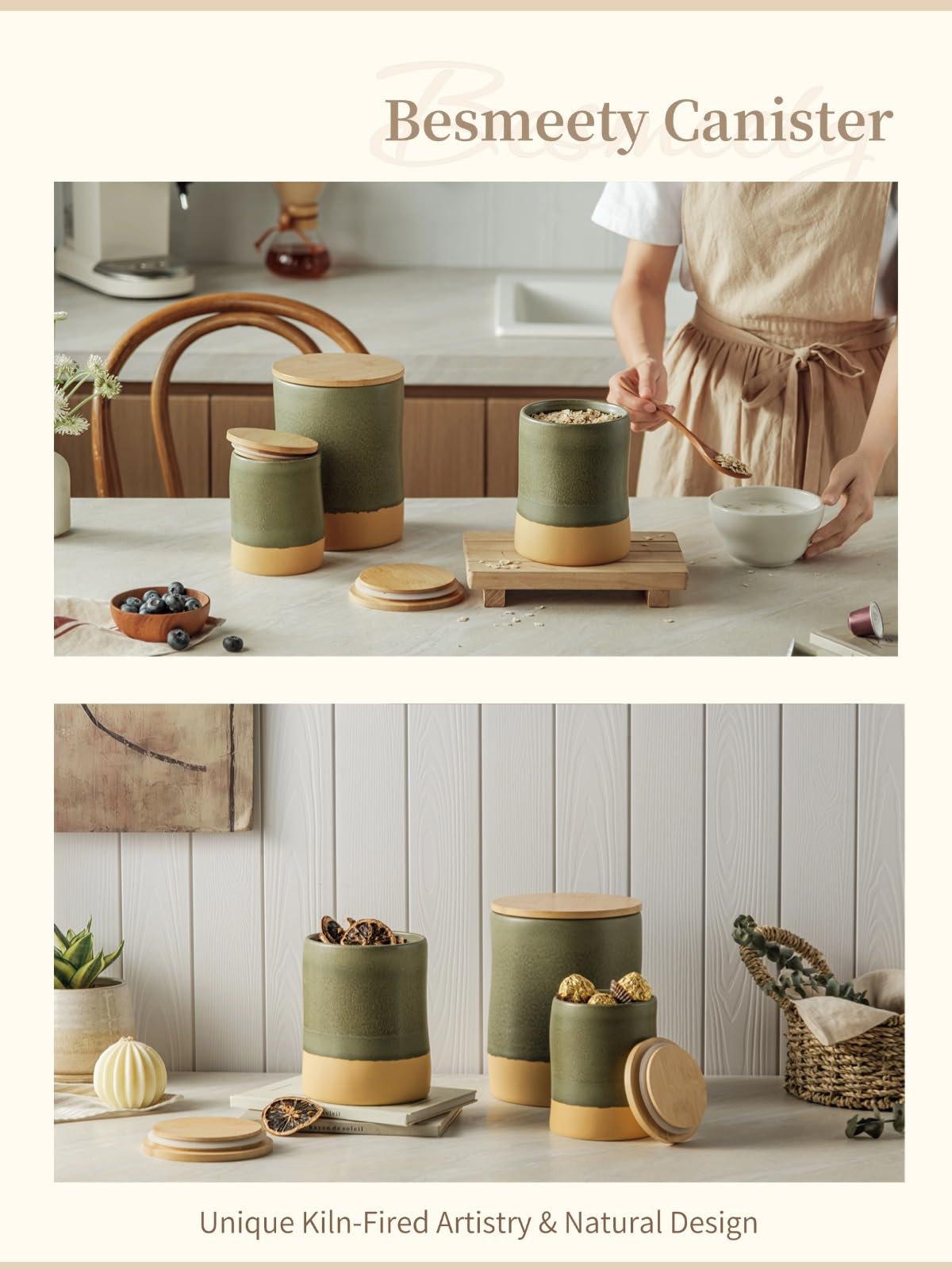 Besmeety Canisters Sets for the Kitchen, 23 oz x 40 oz Flour Sugar Storage Containers, Ceramic Kitchen Canisters for Countertop Set of 2 with Airtight Lids