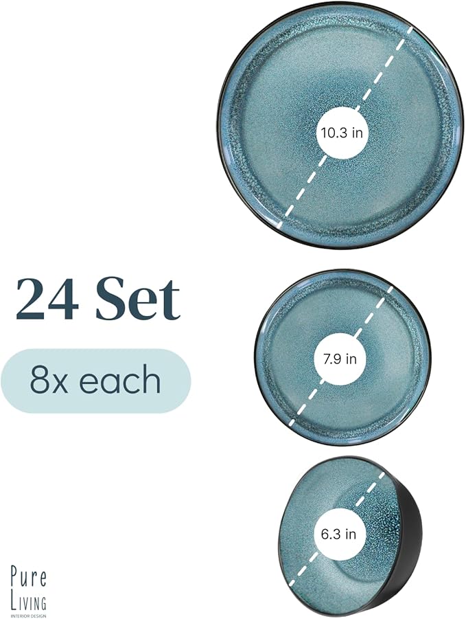 24 Piece Stoneware Dinnerware Set for 8 - Handmade Reactive Glaze Plates and Bowls Set - Chip & Scratch Resistant Dish Set - Dishwasher Microwave Safe - Black and Petrol Blue