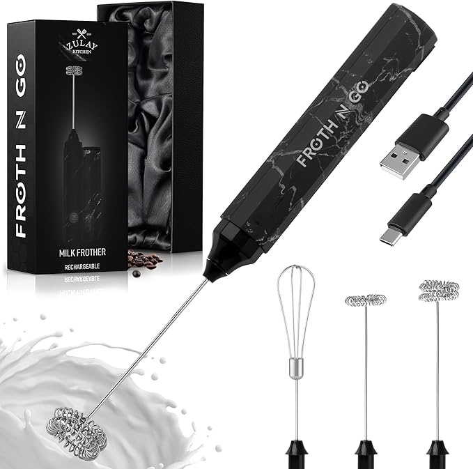 Zulay Froth N Go Milk Frother – Rechargeable 3-in-1 Handheld Frother Wand with Travel Case & USB-C Charger – Single, Double & Egg Whisk for Latte, Cappuccino, Matcha, Protein Shakes - Forge Marble