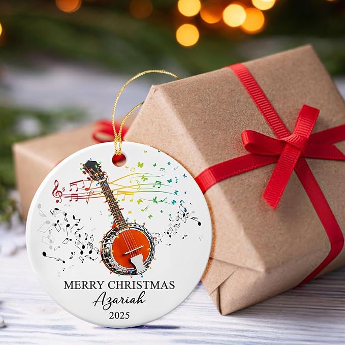 Personalized Banjo Musical Ceramic Ornament Gift for Banjo Player Daughter Son Dad Mom Friends, Customized Text Year Name Banjoist Christmas Ornament 2026, Unique Banjos Instrument Ceramic Ornaments