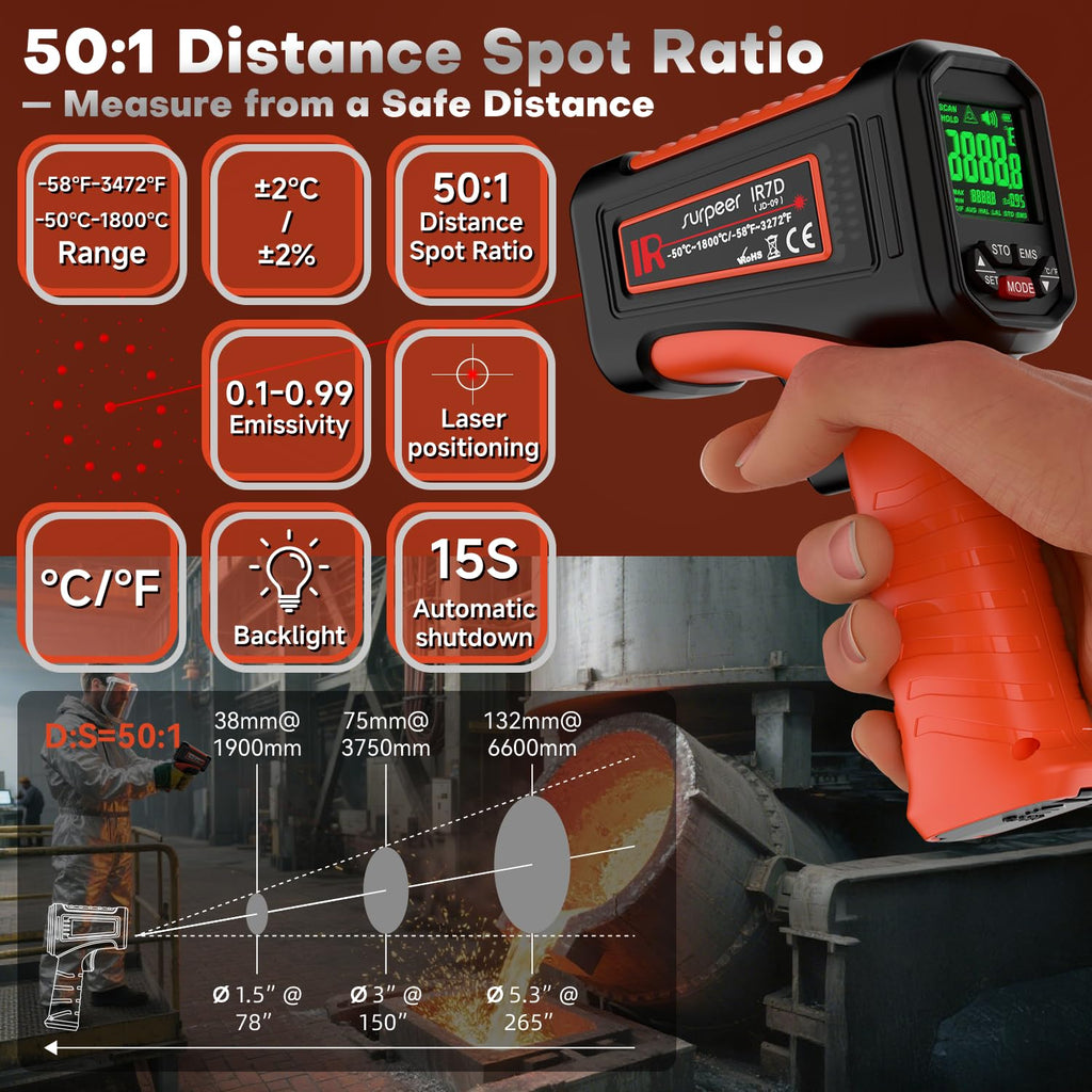 Surpeer Infrared Thermometer Temperature Gun, 3272°F, 50:1
