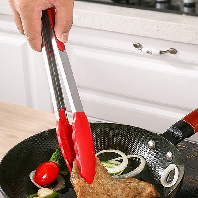 ZHIYE 4Pcs Silicone Tongs, Kitchen Tongs 7” Non-slip & Easy Grip Stainless Steel Handle - Smart Locking Clip - Heat Resistant, Food Grade