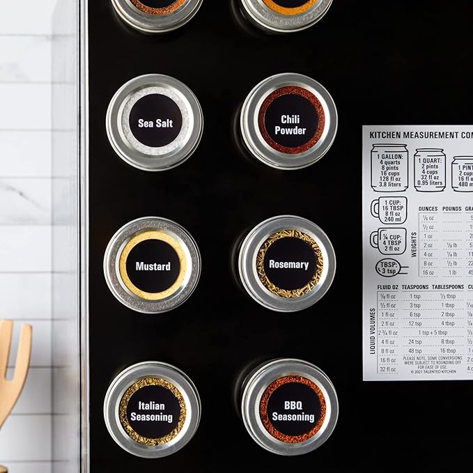 Talented Kitchen Magnetic Spice Jars - 3 oz, Stainless Steel, 24-Pack - Spice Tins with Sift & Pour Lids & Fridge Magnets for Kitchen Organization