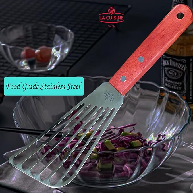 La Cuisine Extra Flexible Stainless Steel Fish Slotted Spatula Turner with Beveled Edge Wood handle, 6.5" Blade, 11" Length for Flipping Fish, Eggs, Pancakes, Patties & Fries