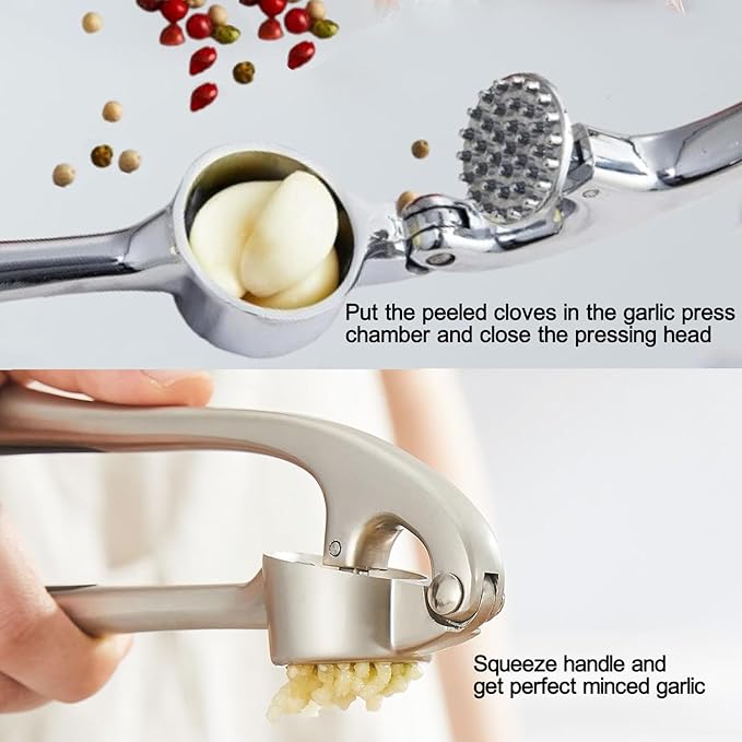 Garlic Press Stainless Steel, 2 in 1 Garlic Mincer & Herb Scissors, Dishwasher Safe Garlic Crusher, Rust Proof Garlic Smasher and Mincer Tool with Peeler and Brush for Kitchen