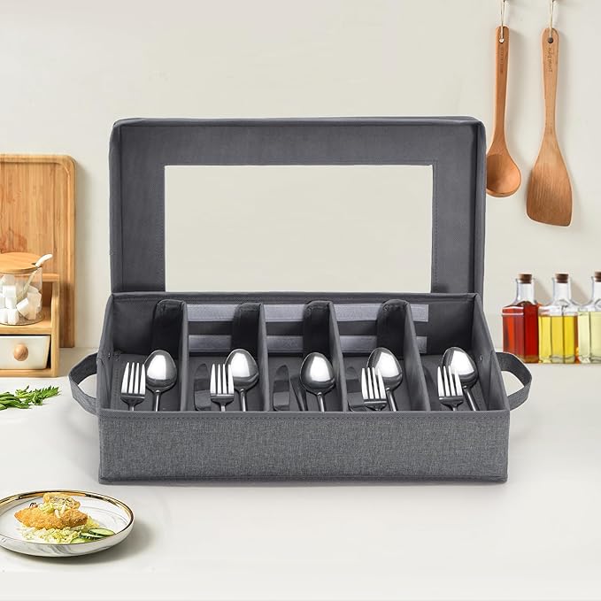 Lafulling Silverware Storage Box, Flatware Storage with Adjustable Dividers