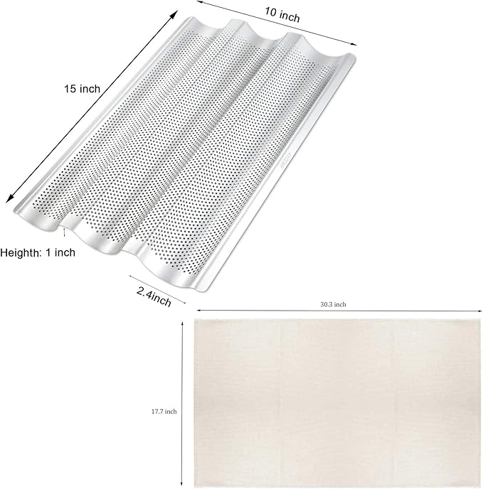AYCCNH Stainless Steel Perforated French Baguette Bread Pan 3 Waves Toaster Oven Baking Tray (15"x10") with Large Bread Proofing Cloth (17.7" x 30.3")