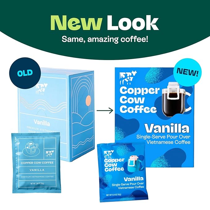 Copper Cow Coffee Premium Pour Over Single-Serve Vietnamese Coffee Pouches (24 pack) | Vanilla | Dark Roast | Flavored with Vanilla Beans | Convenient Vietnamese Ground Coffee Packets, Travel Friendly