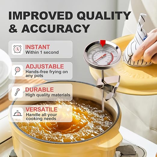 Telead Candy Thermometer Waterproof IP67 - Oil Thermometer for Frying with Clips - 9" Side of Pot Thermometer Deep Fry for Oil Candy Candle BBQ - Silver