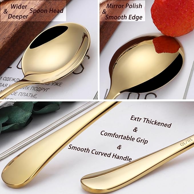 Mafier 7" Round Soup Spoons Set of 4,18/10 Stainless Steel Heavy Duty with Deep Bowl,Fine Mirror Polished,Dishwasher Safe(Gold)