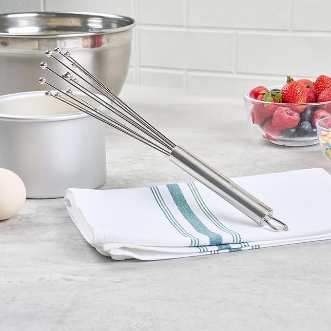 Restaurantware 10.5 in Stainless Steel Ball Whisk - 24 Pack - German Standard Egg Beater with Ergonomic Handle, Dishwasher Safe - Manual Mixer Cooking Whisk for Baking, Stirring, Sauces, Beating