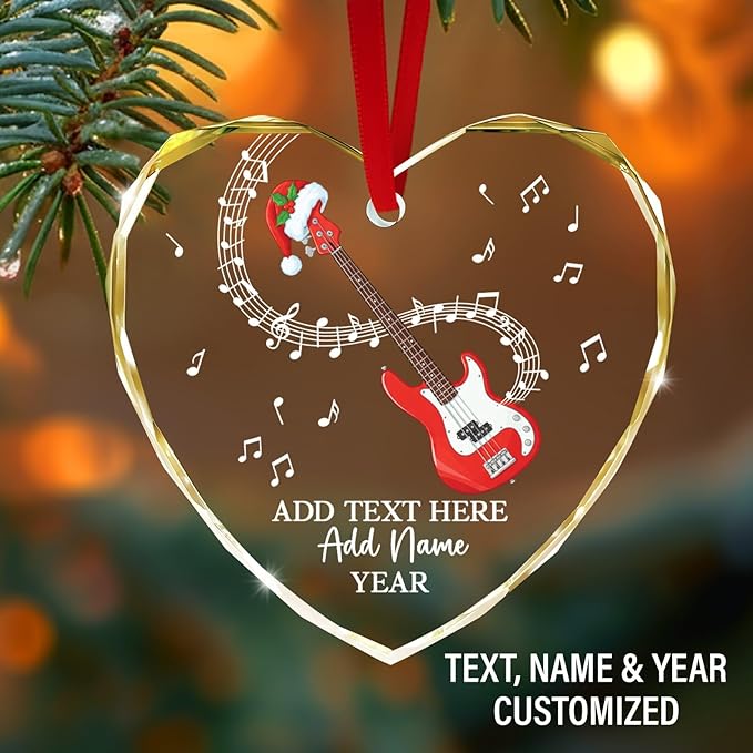 Personalized Bass Guitar Christmas Tree Glass Ornament, Bass Guitar Lovers Christmas Ornaments 2026, Custom Guitarist Xmas Ornament with Text Name & Year, Musical Instrument Players Gifts
