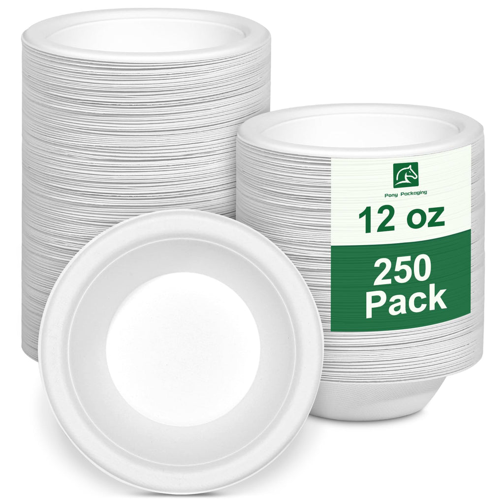 Pony Packaging Paper Bowls 12oz, Disposable Bowls Heavy Duty, 250-Pack 100% Compostable Disposable Soup Bowl, Biodegradable Bagasse Hot Food Plates and Bowls -White