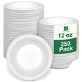 Pony Packaging Paper Bowls 12oz, Disposable Bowls Heavy Duty, 250-Pack 100% Compostable Disposable Soup Bowl, Biodegradable Bagasse Hot Food Plates and Bowls -White