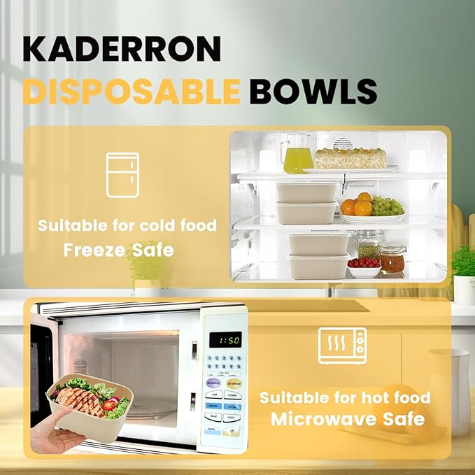 Kaderron 50 Pack 32 OZ Large Paper Bowls with Lids, Heavy Duty Disposable Compostable Container for Party, Disposable Bowls Bulk Soak-Proof and Microwave Safe for Hot/Cold Use(32OZ-50PACK)