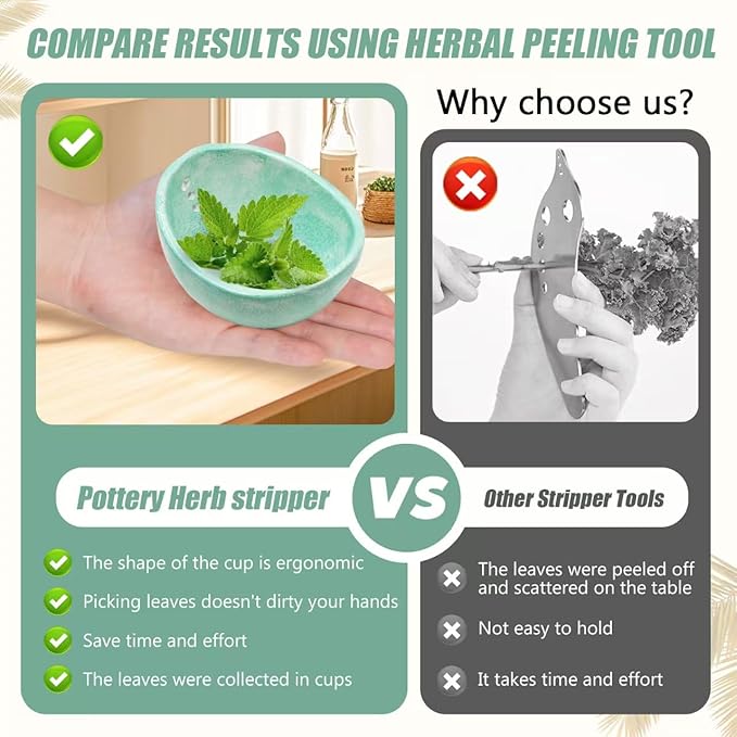Rimigood Ceramic Herb Stripper Bowl with 4-Sized Holes for Stripping Herbs Leaves Handmade Herb Peeler for Strips Kale, Thyme, Basil, Pottery Herb Leaf Stripping Bowl (Green)
