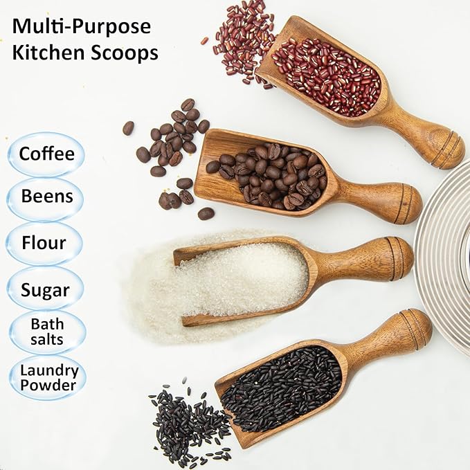 Large Wooden Scoops 5.9″ Big Wooden Coffee Scoops Shovel, 2PCS Wood Flour Scoop for Jars, Acacia Measuring Spoons Ground Coffee for Tea - Multifunctional Kitchen Scoop for Bath Salts,Laundry