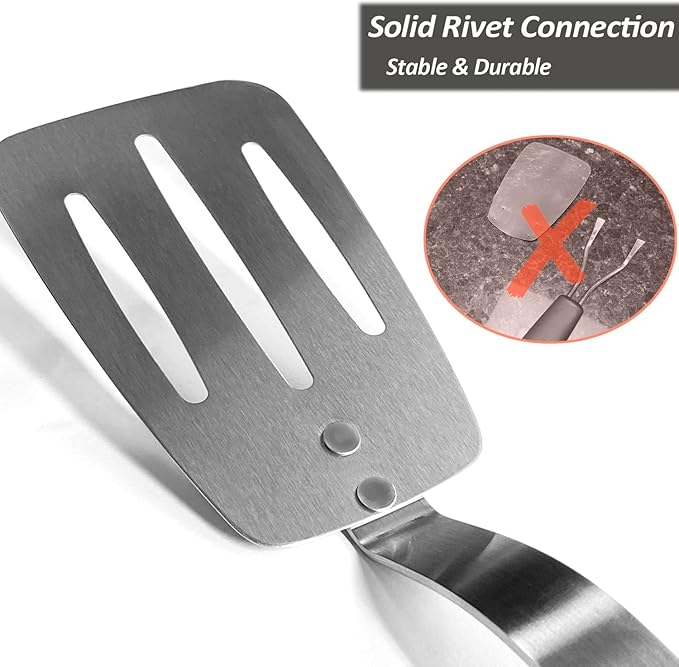 Stainless Steel Spatula, Flexible Metal Slotted Turner for Cast Iron Skillet, Thin Blade and Heat Resistant Silicone Handle, Great for Egg, Cookie, Meat, Crep, Small