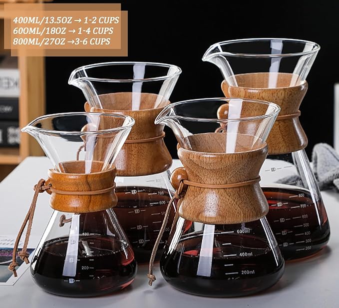 COFISUKI Pour Over Coffee Maker with Reusable Stainless Steel Drip Filter, Lead-Free Borosilicate Glass Coffee Carafe with Modern Wooden Collar for 1-6Cup, Circular Clear (800ml/27oz)