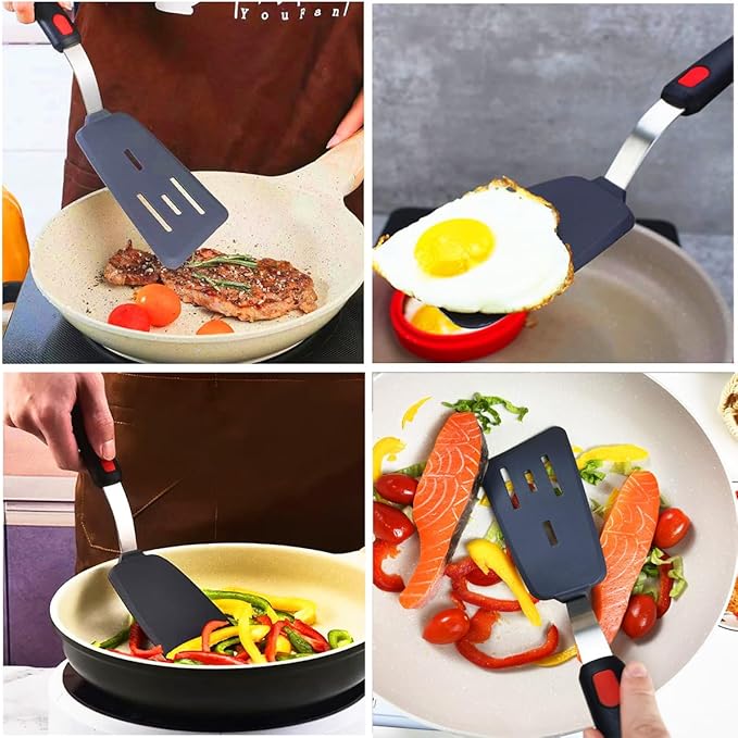 KLAQQED 4Pcs Spatula Silicone Heat Resistant Flexible Rubber Silicone Spatulas for Nonstick Cookware, Burger Pancake Spatula Turner Large Spatulas Set for Cooking Kitchen Utensils Set Black