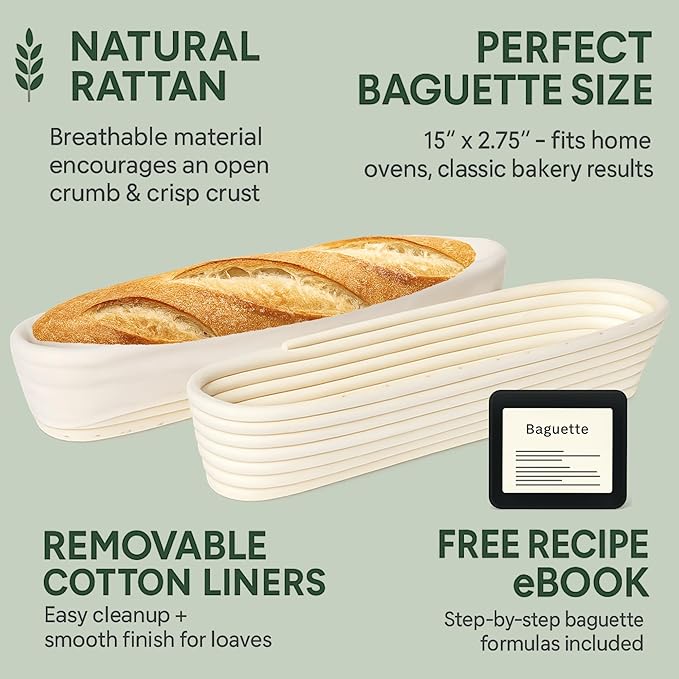 15 Inch Baguette Proofing Basket Set of 2 for Sourdough & French Bread