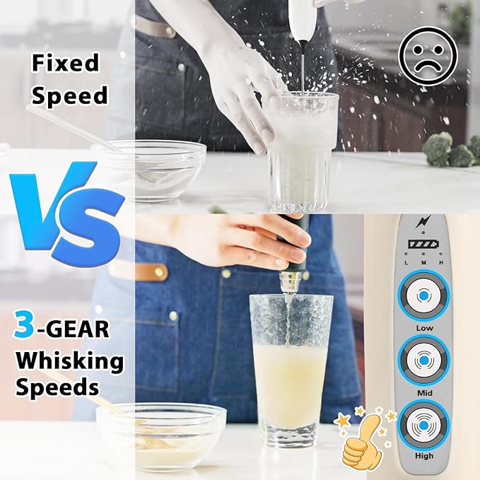 Milk Frother Wand Rechargeable Handheld Electric Whisk 3 Speed Adjustable