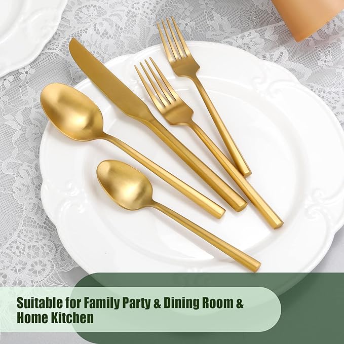 DEACORY Gold Silverware Set Matte Finish Hexagon Handle Service for 12
