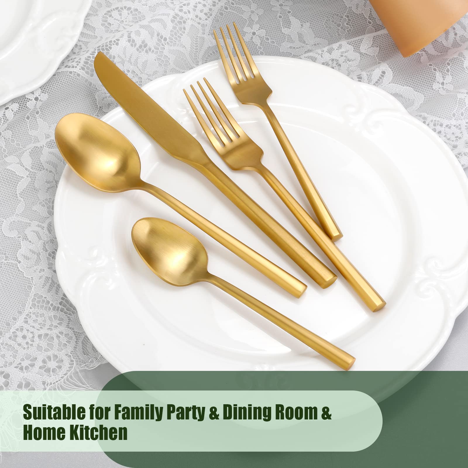 DEACORY Gold Silverware Set Matte Finish Hexagon Handle Service for 8