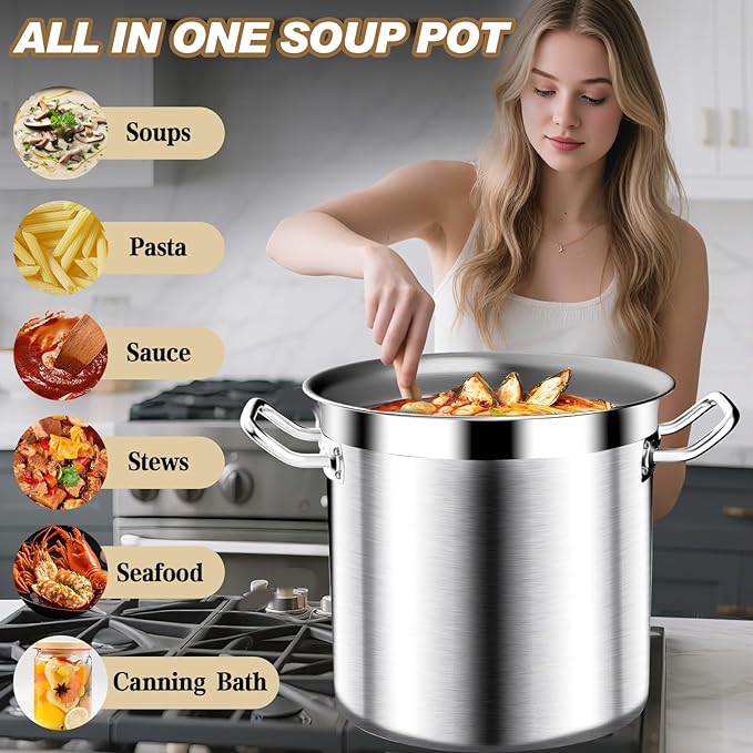 Stainless Steel Stockpot with Lid - Large Stock Pot - Heavy Duty Tri-Ply Bottom Commercial Grade Soup Pot for Cooking Soup, Stew, Canning, Oven, Gas, Ceramic, Dishwasher Safe