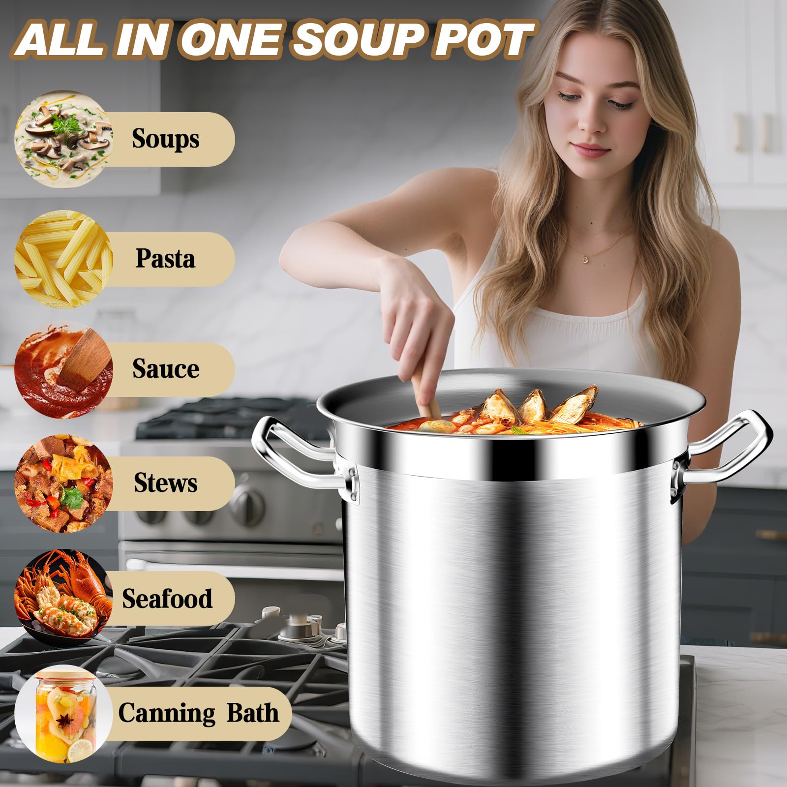 Large Stock Pot - 24QT Stainless Steel Stockpot with Lid, Heavy Duty Tri-Ply Bottom Commercial Grade Soup Pot for Cooking Soup, Stew, Pasta, Oven, Gas, Ceramic, Dishwasher Safe