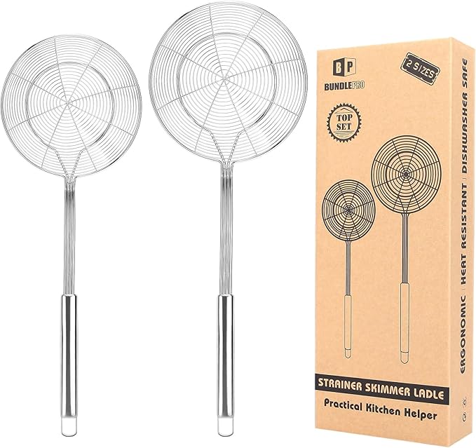 BUNDLEPRO Large Stainless Steel Spider Strainer Long Handle, 2 Pack