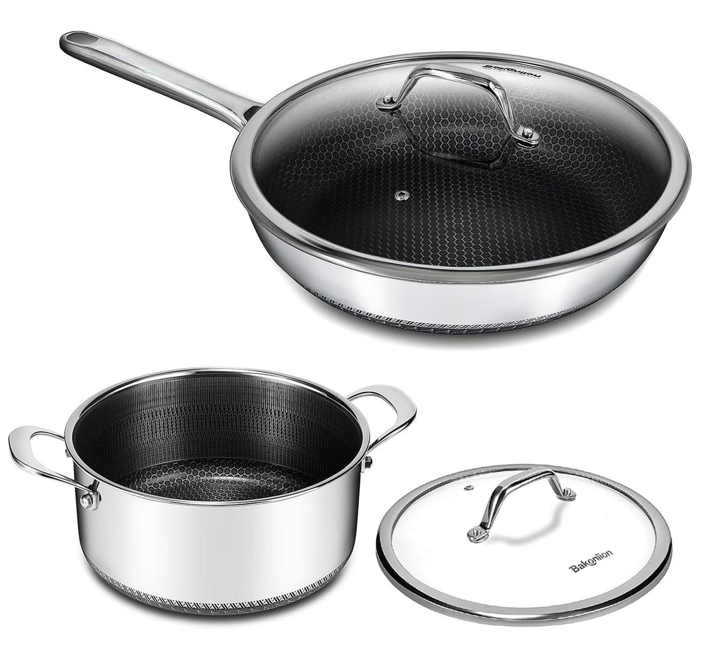 Bakoniion Pots and Pans Set,12 Inch Hybrid Nonstick Frying Pan & 5QT Stockpot,3 PCS Silicone Kitchen Utensils Set