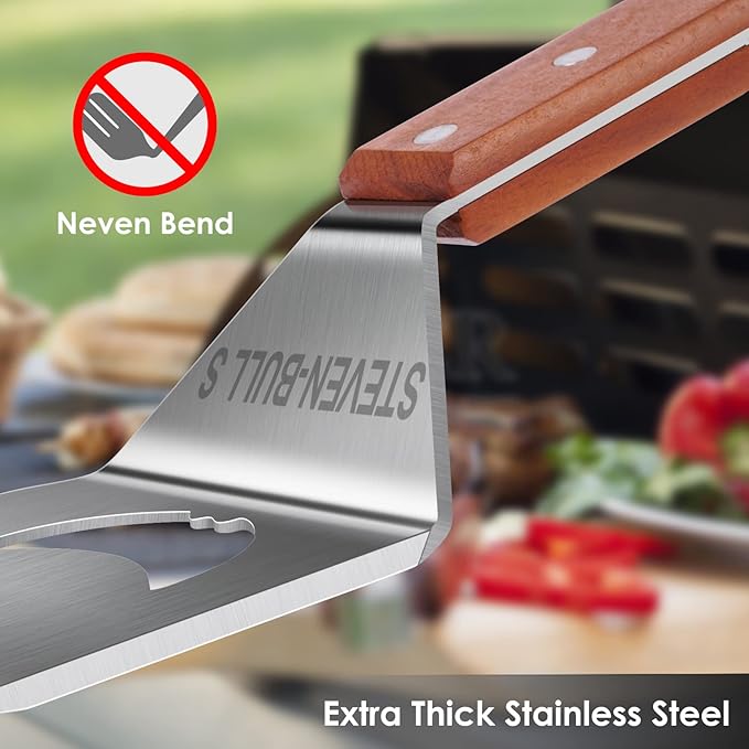 STEVEN-BULL S Heavy Duty BBQ Grill Tongs and Spatula for Outdoor Grill, 17” Long 5-in-1 Grill Spatula Comes with an 16” Long Locking Kitch Tongs, Best BBQ Gifts for Barbecue Grilling Master