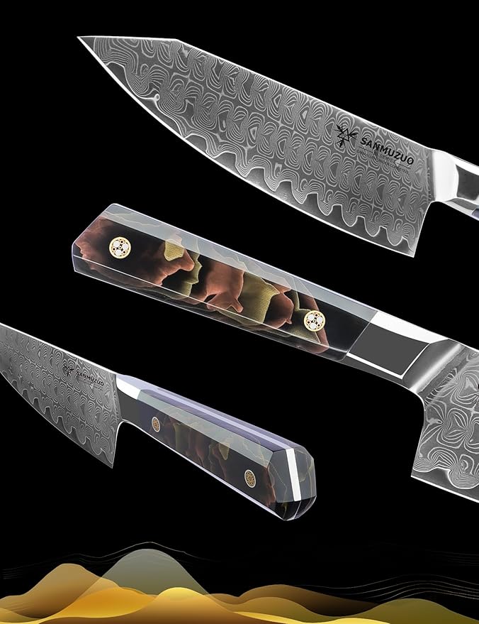 SANMUZUO Kitchen Chef Knife 8 Inch, Professional Kitchen Knife, Ultra Sharp Damascus Powder Steel with Full-tang Resin Handle, Bi Series