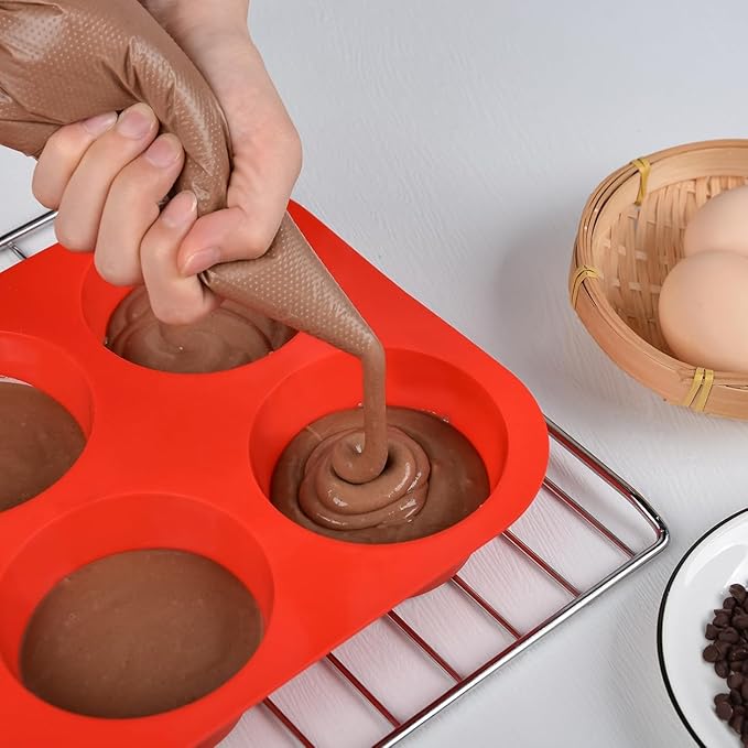CAKETIME Silicone Jumbo Muffin Pan, 3.5 Inch Silicone Texas Muffin Pan 6 Cup Large Cupcake Pan Nonstick BPA Free Silicone Molds 2 Pack Red