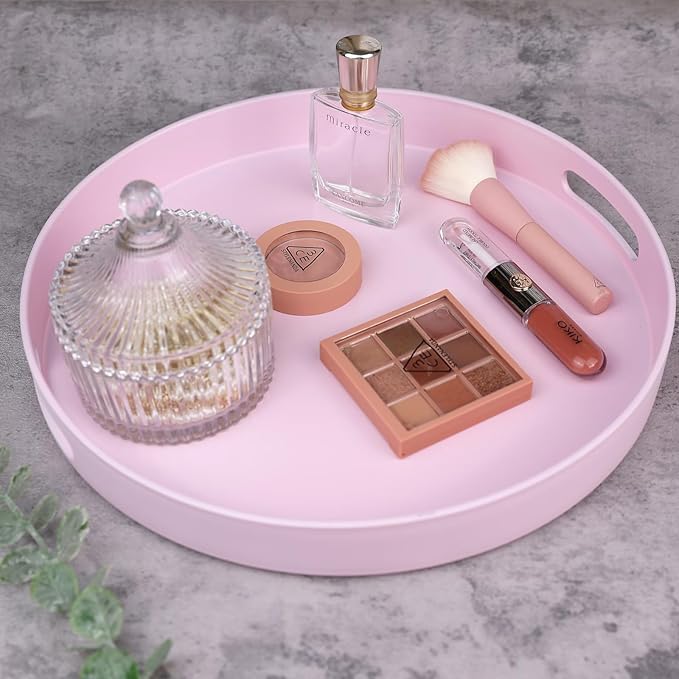 SforGUVA Round Pink Decorative Serving Tray with Handles, 13” Versatile Ottoman Tray for Coffee Table, Entertaining, Outdoor Patio, Living Room
