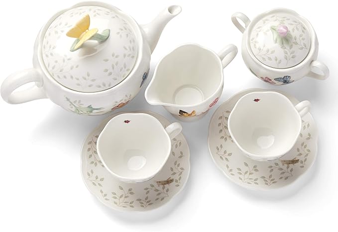 Lenox Butterfly Meadow Porcelain Teapot and Tea Cup Set, 9-Piece, 48oz