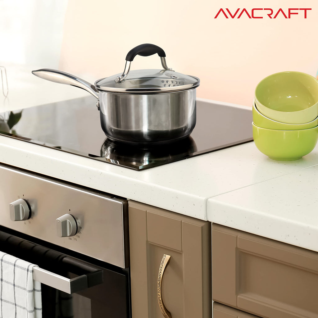 AVACRAFT 1.5 Quart Stainless Steel Saucepan with Glass Strainer Lid