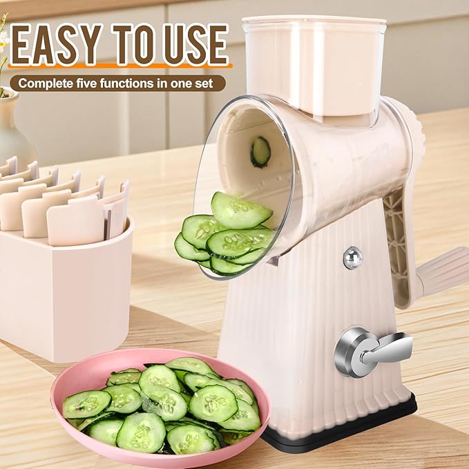 YHBRAK Rotary Cheese Grater with 5 Well-designed Blades & Strong Suction Base, Kitchen Mandoline Vegetable Slicer with Blade Storage Box(Off-white)