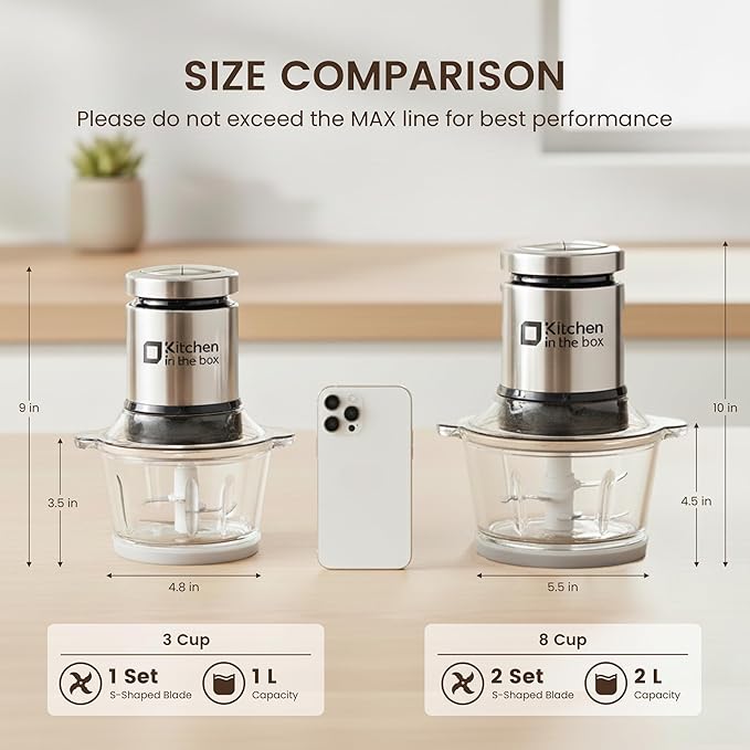 Kitchen in the box Food Processors,Small Meat Grinder & Food Chopper Electric Vegetable Chopper with 2 Bowls (8 Cup+8 Cup)& 2 Bi-Level Blades for Meat/fish/Vegetable/Baby Food,Black