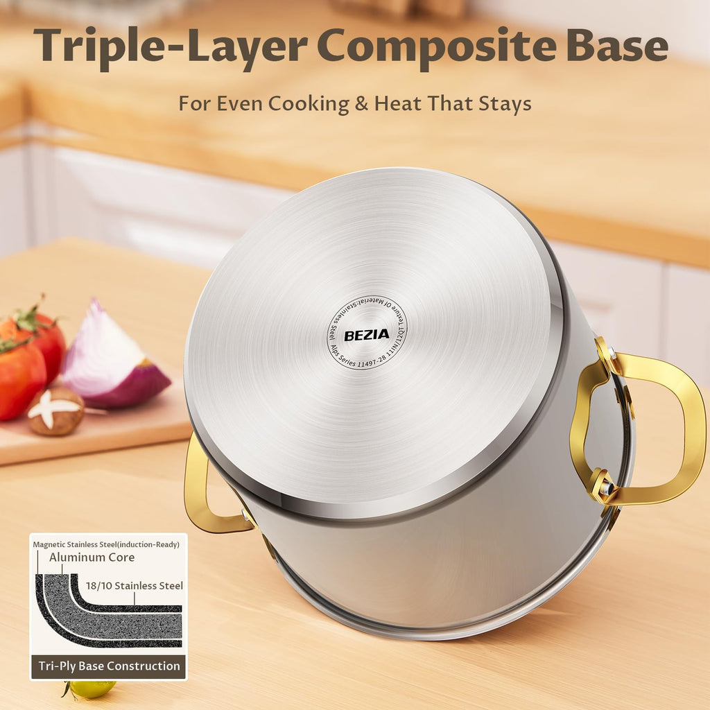BEZIA 12 QT Stainless Steel Stock Pot, Uncoated Large Soup Pot with Lid