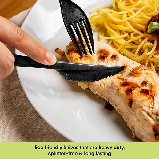 Premium Quality 100% Biodegradable Black Knives Made of Vegetable Fibers, 100 PCS of 6.7” Long Heavy-Duty and Splinter Free Eco-Friendly Black Knives, Sustainable Cutlery for All Types of Occasions