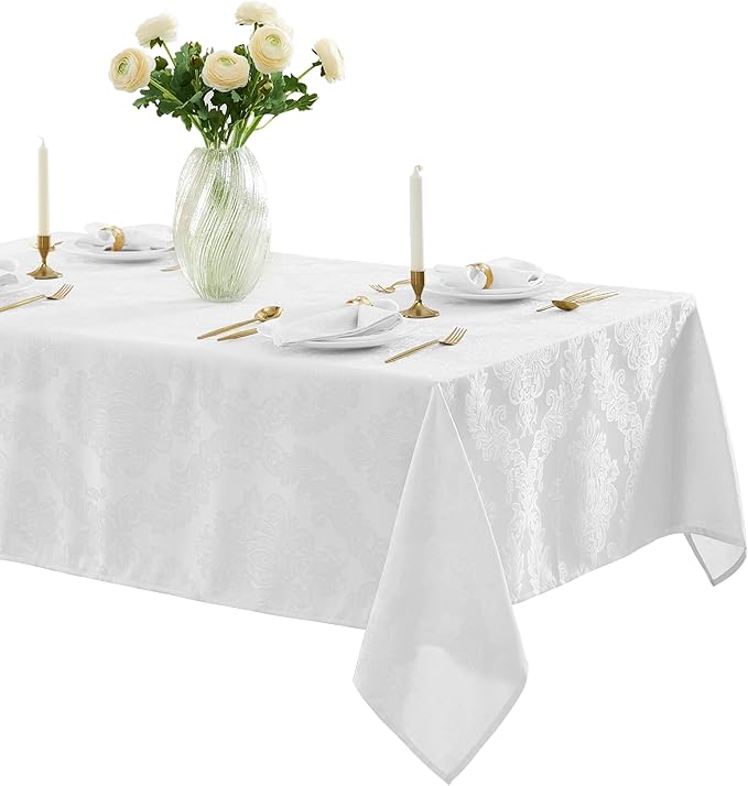 Newbridge Barcelona Luxury Damask Fabric Tablecloth, 70” Extra Wide x 90” Rectangle, White, 100% Polyester, No Iron, Soil Resistant Dining Room, Party and Banquet Table Cover