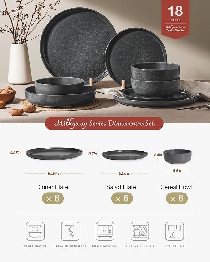 Famiware Milkyway 18-Piece Stoneware Dinnerware Set, Matte Dark Charcoal